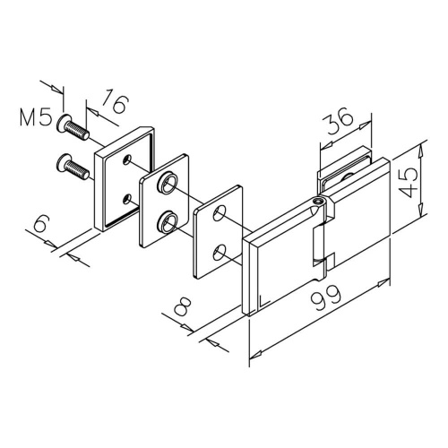 Square Glass Door Hinge with Bevelled Edge