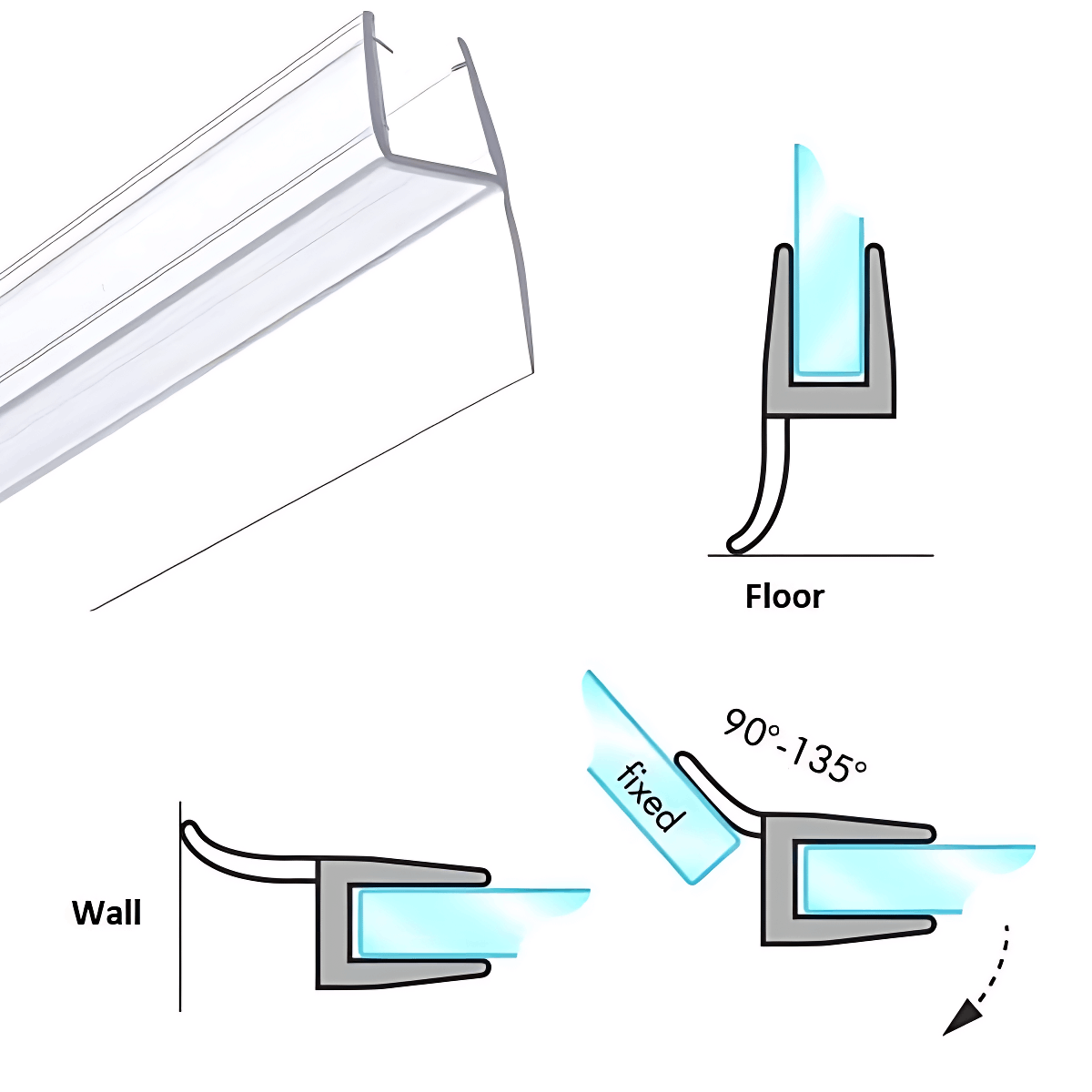 Glass to Wall Sealing Strips with Offset Lip